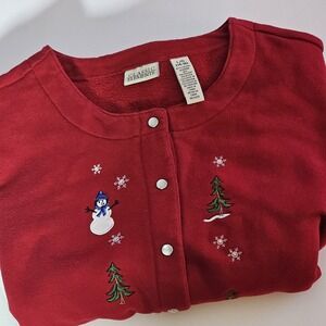 Vintage Winter sweater cardigan Womens L Snowmen Grandma snowflakes holiday red